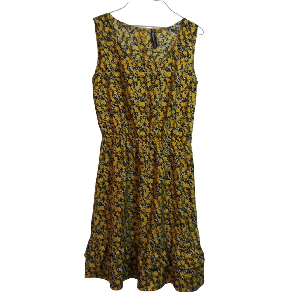 Jean Pascale Yellow Ditsy Floral Sleeveless Tiered Ruffle Dress Sz M